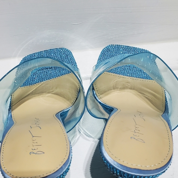New Betsey Johnson Banks Champagne Blue Rhinestone Clear Toe Slide Heels Wmn 6.5 - Picture 5 of 6